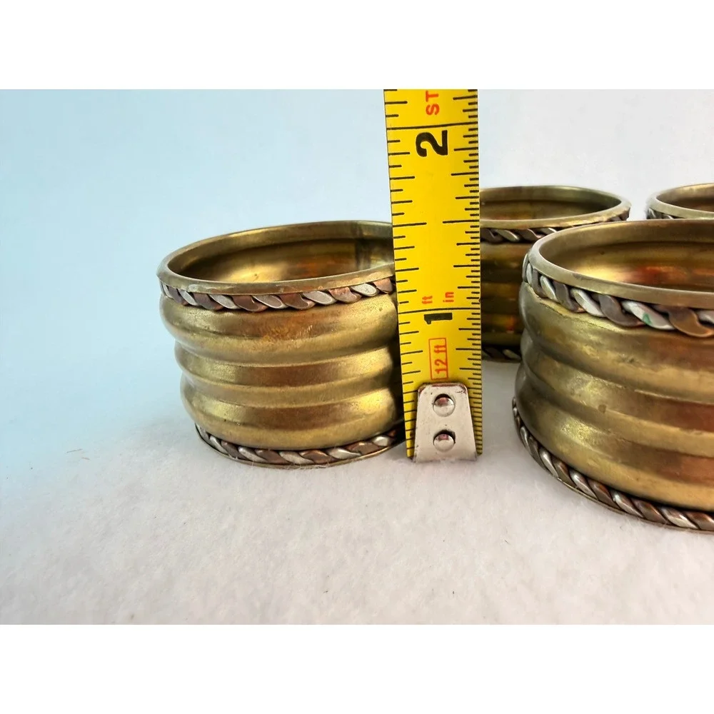 Vintage Brass Napkin Rings Set 4 Ribbed Rope Trim Gold Silver Tone‎ Mid Century